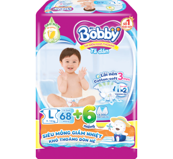 Bỉm tã dán Bobby siêu thấm size L, 68 miếng (9-13kg) (giao bao bì ngẫu nhiên)