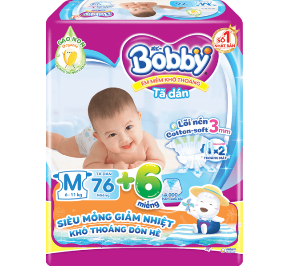 Bỉm tã dán Bobby siêu thấm size M 76 miếng (6-10kg) (giao bao bì ngẫu nhiên)