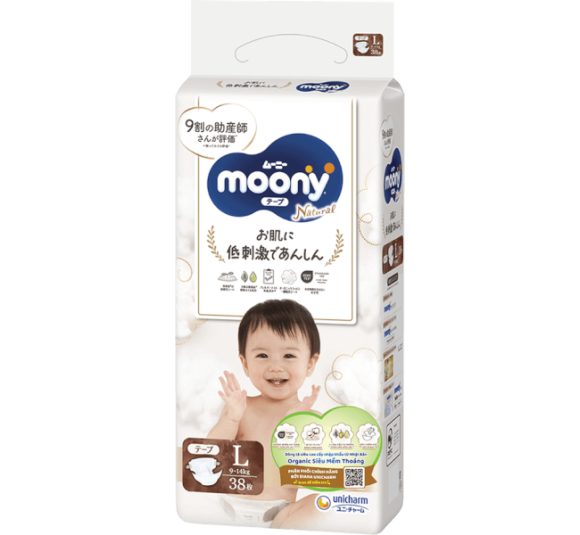 Bỉm tã dán Moony Natural size L 38 miếng (9-14kg) (giao bao bì ngẫu nhiên)