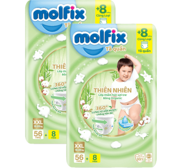 Combo 2 Tã quần Molfix Thiên Nhiên (XXL, 15 - 25kg, 56 miếng) (giao bao bì ngẫu nhiên)