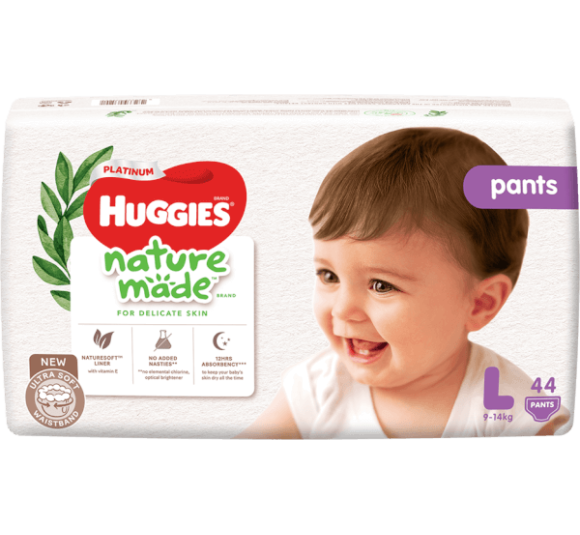 Bỉm tã quần Huggies Platinum Nature Made L size 44 miếng (9-14kg) (giao bao bì ngẫu nhiên)