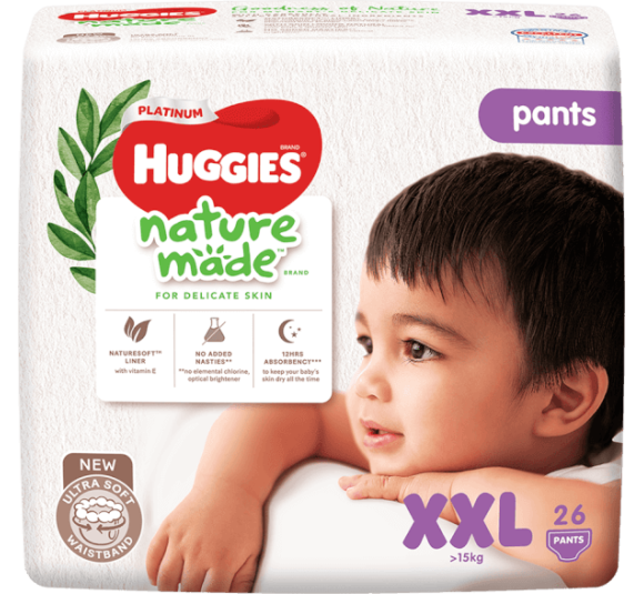 Bỉm tã quần Huggies Platinum Nature Made size XXL 26 miếng (trên 15kg) (giao bao bì ngẫu nhiên)