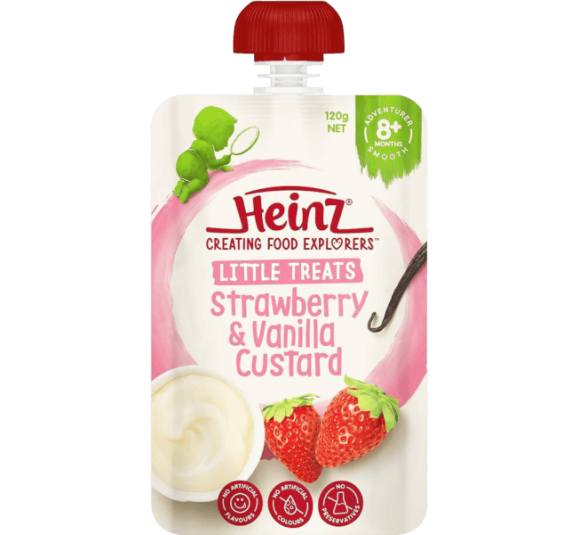 Hỗn hợp nghiền dành cho trẻ 8 tháng tuổi trở lên : Custard Dâu và Vani - Heinz Strawberry & Vanilla custard.
