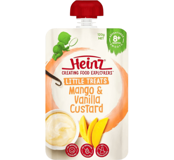 Hỗn hợp nghiền dành cho trẻ 8 tháng tuổi trở lên : Custard Xoài và Vani - Heinz Mango & Vanilla custard