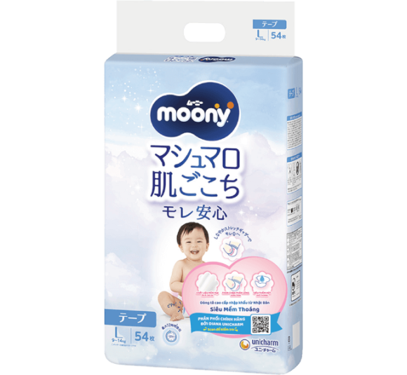 Bỉm tã dán Moony size L, 54 miếng (9-14kg) (giao bao bì ngẫu nhiên)