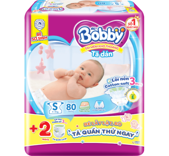 Tã dán Bobby siêu thấm - khô thoáng  (S, 4-8kg, 80 miếng) (giao bao bì ngẫu nhiên)