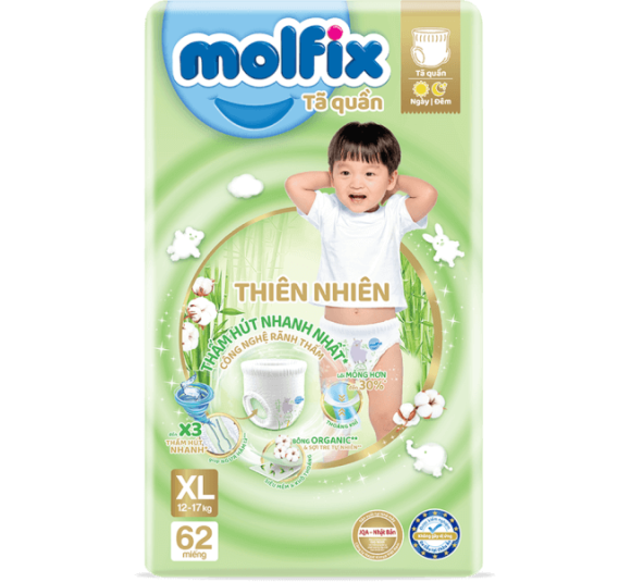 Tã quần Molfix thiên nhiên (XL, 12-17kg, 62 miếng) (giao bao bì ngẫu nhiên)