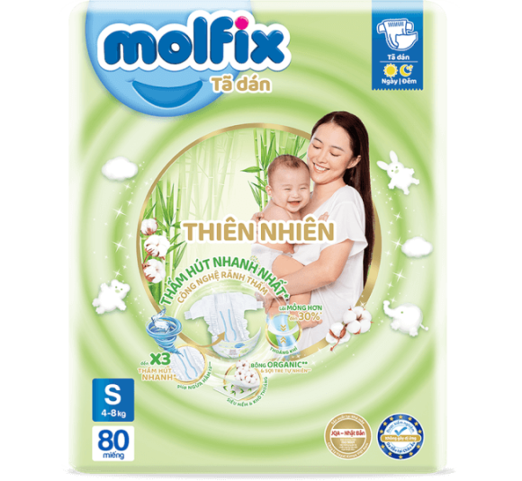 Bỉm tã dán Molfix Thiên nhiên (S, 4-8kg, 80 miếng) (giao bao bì ngẫu nhiên)