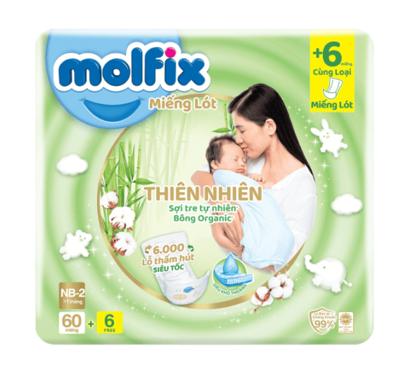 Miếng lót Molfix Thiên Nhiên (Newborn 2, > 1 tháng, 60 miếng + 6 miếng)