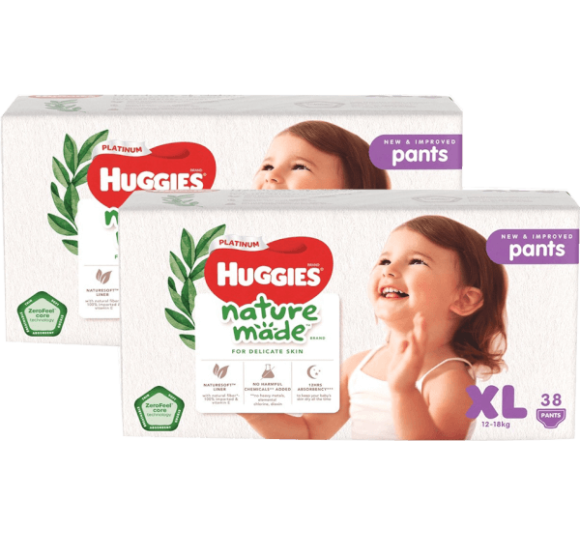 Combo 2 gói Bỉm tã quần Huggies Platinum Nature Made size XL 38 miếng (12-18kg)
