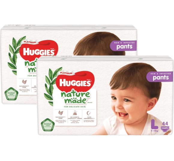 Combo 2 gói Bỉm tã quần Huggies Platinum Nature Made L size 44 miếng (9-14kg)