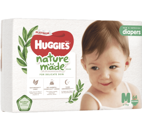 Bỉm tã dán Huggies Platinum Nature Made size M 64 miếng (6-11kg)