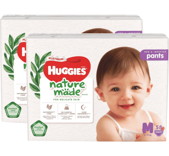 Combo 2 gói Bỉm tã quần Huggies Platinum Nature Made M size 58 miếng (6-11kg)