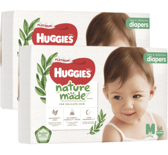 Combo 2 bỉm tã dán Huggies Platinum Nature Made size M 64 miếng (6-11kg)