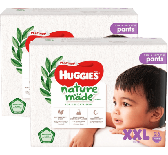 Combo 2 gói Bỉm tã quần Huggies Platinum Nature Made size XXL 26 miếng (trên 15kg)
