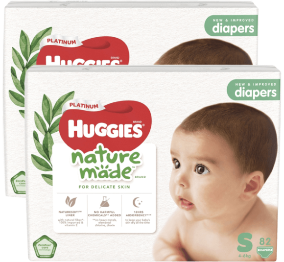 Combo 2 bỉm tã dán Huggies Platinum Nature Made size S 82 miếng (4-8kg)