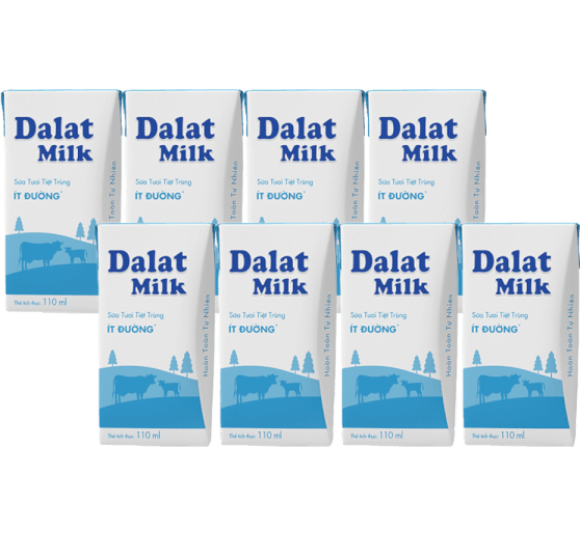Combo 2 Sữa tươi tiệt trùng Dalat Milk ít đường 110ml (lốc 4 hộp)