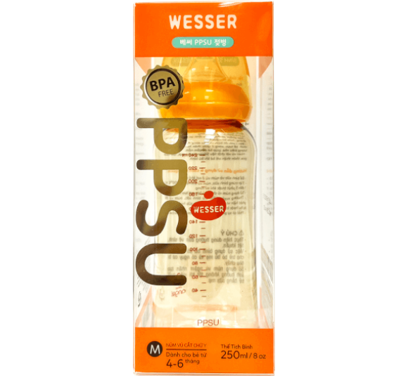 Bình sữa Wesser nhựa PPSU cổ hẹp 250ml (Giao bao bì ngẫu nhiên)