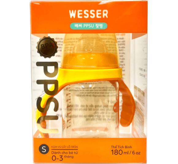 Bình sữa Wesser nhựa PPSU có tay cầm cổ rộng 180ml (Giao bao bì ngẫu nhiên)