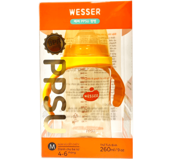 Bình sữa Wesser nhựa PPSU có tay cầm cổ rộng 260ml (Giao bao bì ngẫu nhiên)