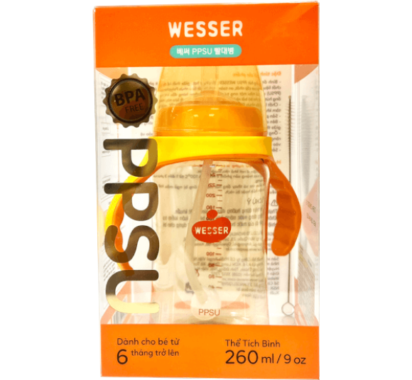 Bình ống hút Wesser nhựa PPSU có tay cầm cổ rộng 260ml (Giao bao bì ngẫu nhiên)