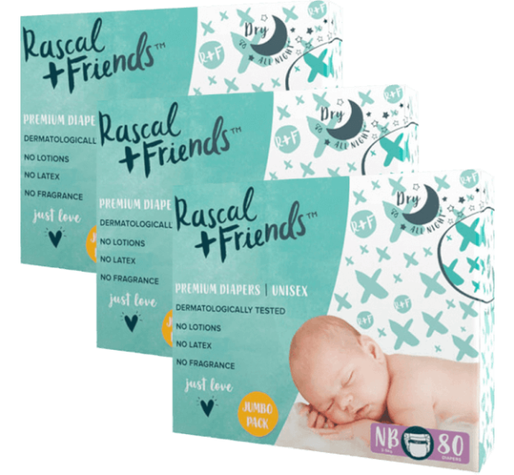 Combo 3 Tã dán sơ sinh Rascal Friends (NB, dưới 5kg, 80 miếng)