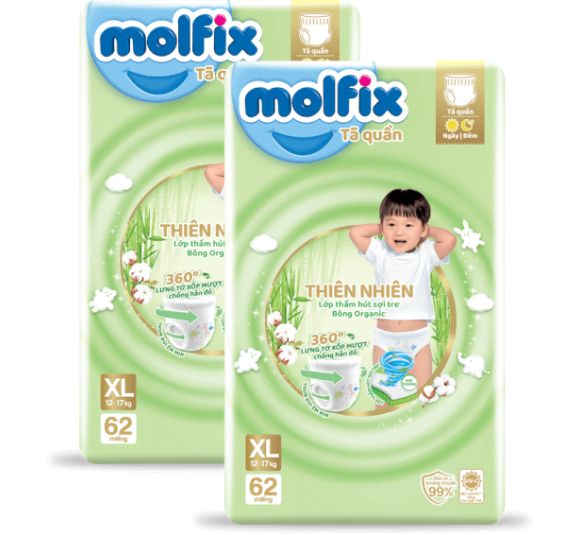 Combo 2 Tã quần Molfix Thiên Nhiên (XL, 12 - 17kg, 62 miếng) (giao bao bì ngẫu nhiên)