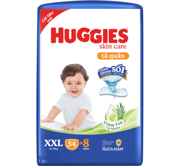 Tã quần Huggies Skincare gói cực đại (XXL, >15kg, 54 miếng) (Giao bao bì ngẫu nhiên)