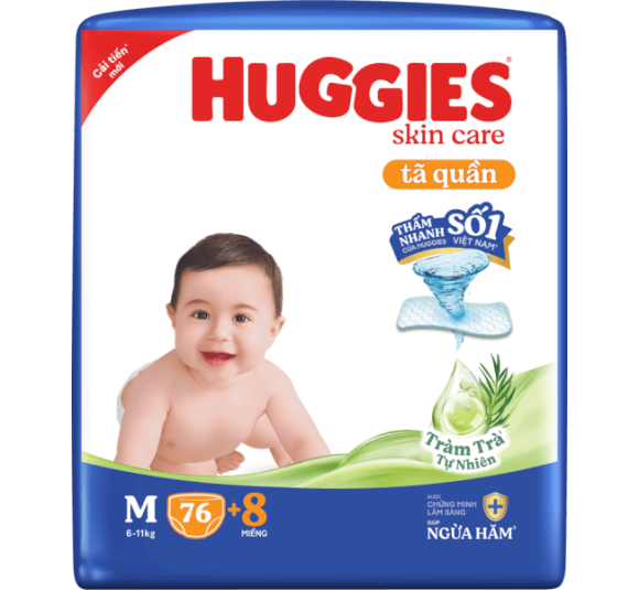 Tã quần Huggies Skincare gói cực đại (M, 6-11kg, 76 miếng) (giao bao bì ngẫu nhiên)