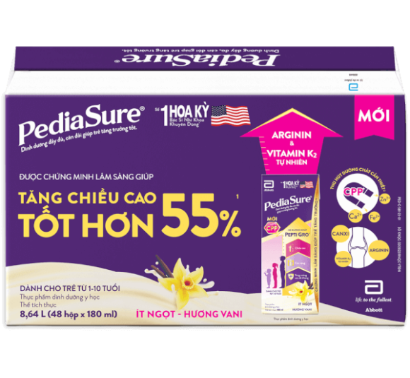 Thùng Thực phẩm dinh dưỡng y học cho trẻ 1-10 tuổi: Pediasure hương vani (180ml) (Lốc 4)