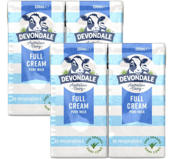 Combo 2 Sữa tươi nguyên chất tiệt trùng DEVONDALE MILK (DEVONDALE FULL CREAM MILK) 200ml - Lốc 6 hộp