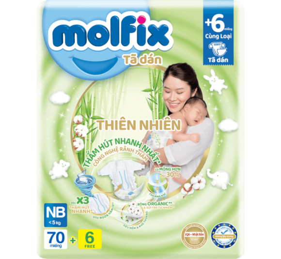 Bỉm tã dán Molfix thiên nhiên (Newborn,< 5kg, 70 miếng) (giao mẫu ngẫu nhiên)