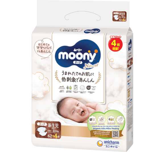Tã dán Moony Natural (NB, 62 miếng + 4 miếng) (giao bao bì ngẫu nhiên)