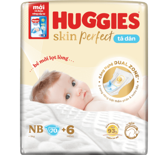 Tã dán lọt lòng Huggies Skin Perfect (Newborn, dưới 5kg, 70 miếng)