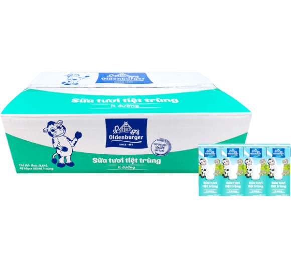 Thùng Sữa tươi tiệt trùng Oldenburger ít đường 180ml (lốc 4 hộp)