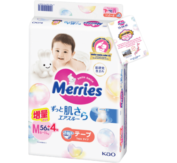 Tã dán Merries nội địa (M, 6-11kg, 56 + 4 miếng)