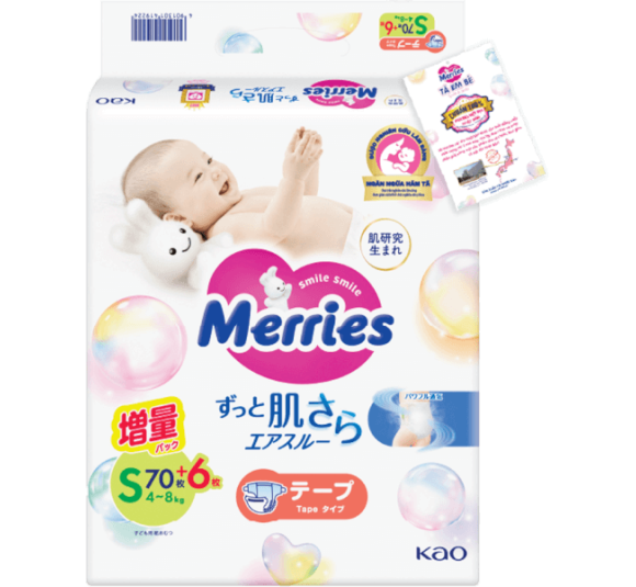 Tã dán Merries nội địa (S, 4-8kg, 70 + 6 miếng)