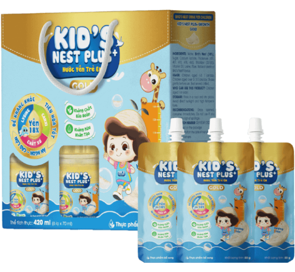 Nước Yến Kids Nest Plus+ Growth Gold Hương Tự nhiên 18% (Lốc 6 tặng 3 túi)