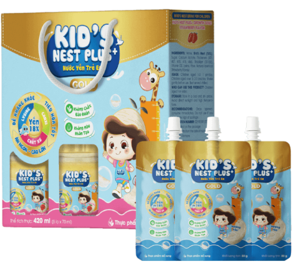 Nước Yến Kids Nest Plus+ Growth Gold Hương Dâu 18% (Lốc 6 tặng 3 túi)