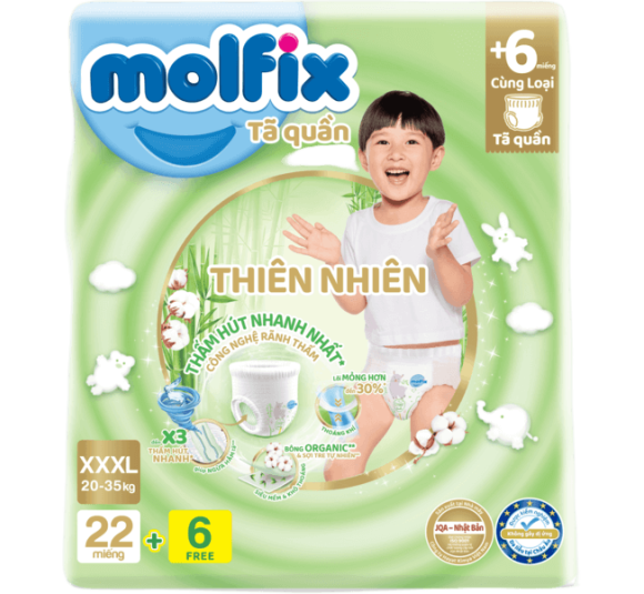 Bỉm tã quần Molfix thiên nhiên (XXXL, 20-35kg, 22 miếng) + 6 miếng