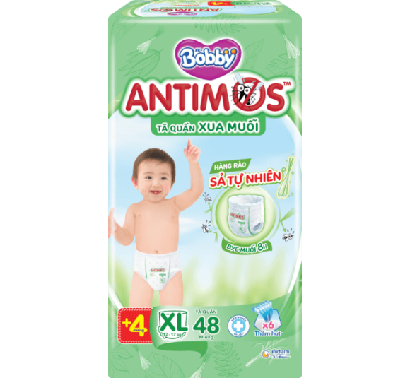 Tã quần Bobby Antimos Xua Muỗi (size XL, 48+4 miếng)
