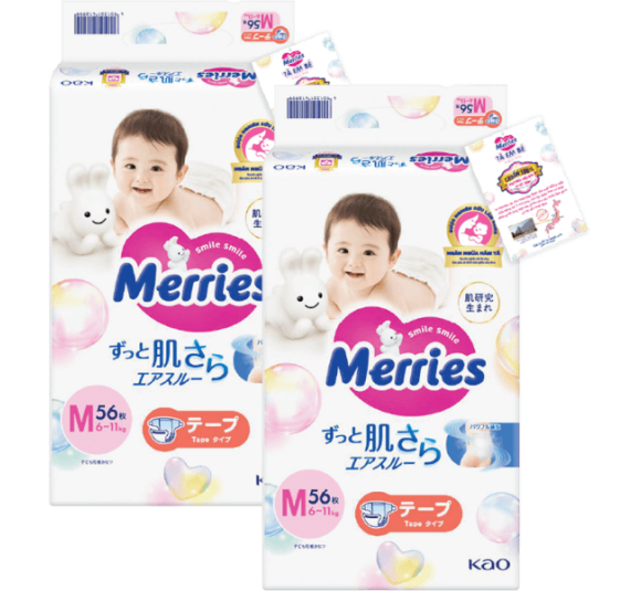 Combo 2 Tã dán Merries (M, 6-11kg, 56 miếng)