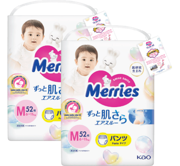 Combo 2 Tã quần Merries (M, 6-11kg, 52 miếng)