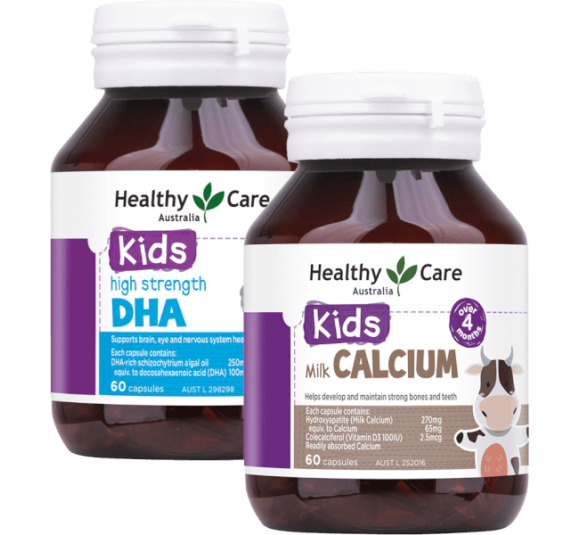Combo Thực phẩm bảo vệ sức khỏe Healthy Care Kids High Strength DHA và Thực phẩm bảo vệ sức khỏe Healthy Care Milk Calcium