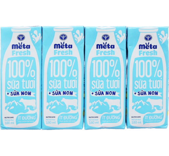 Thùng sữa tươi ít đường bổ sung sữa non Metafresh 180ml, lốc 4 hộp