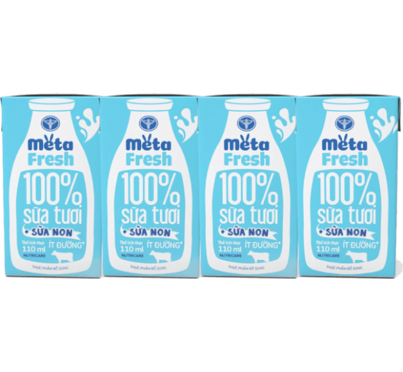 Thùng sữa tươi ít đường bổ sung sữa non Metafresh 110ml, lốc 4 hộp