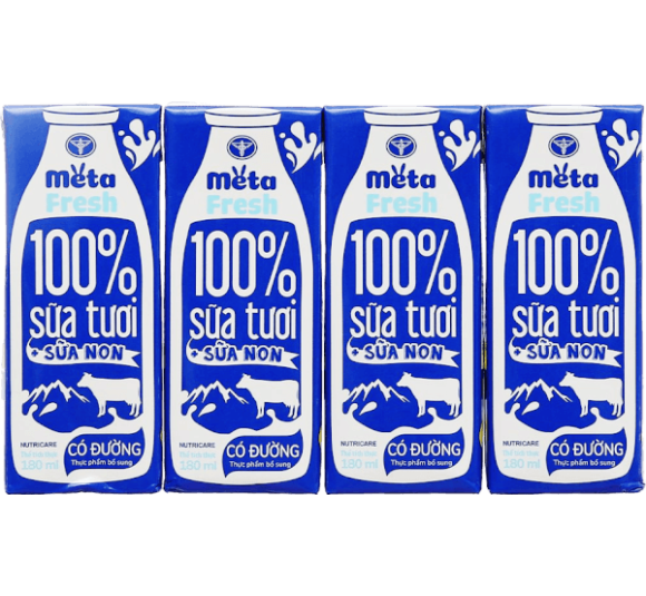 Thùng sữa tươi có đường bổ sung sữa non Metafresh 180ml, lốc 4 hộp