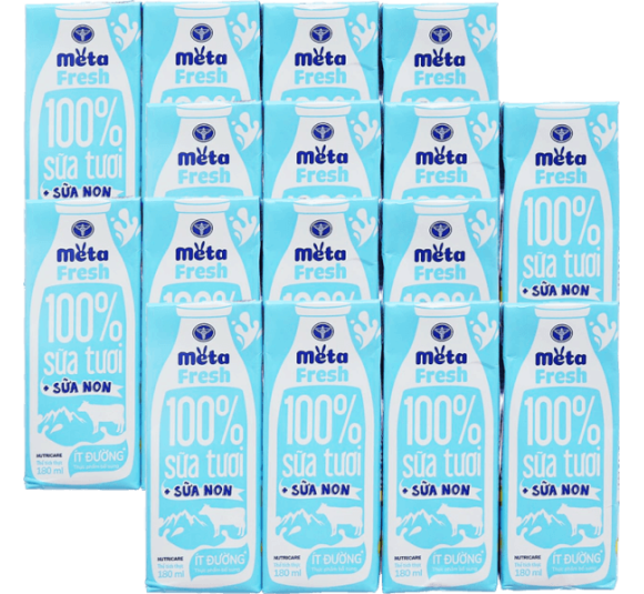 Combo 4 Sữa tươi ít đường bổ sung sữa non Metafresh 180ml, lốc 4 hộp