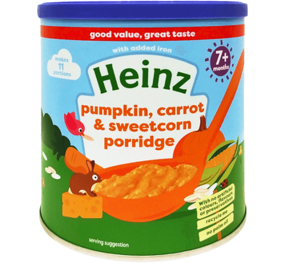 Thức ăn bổ sung dành cho trẻ từ 7 tháng tuổi trở lên: Cháo bí đỏ, cà rốt & bắp ngọt-Heinz pumpkin, carrot & sweetcorn porridge