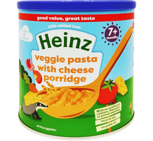 Thức ăn bổ sung dành cho trẻ từ 7 tháng tuổi trở lên: Cháo mì ý rau củ và phô mai-Heinz veggie pasta with cheese porridge